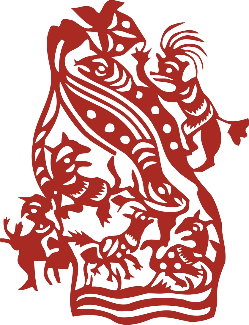 中国风中式传统喜庆民俗人物动物窗花剪纸插画边框AI矢量PNG素材【414】